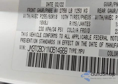 2022 Mazda Cx-9 Touring z USA, uszkodzony, nr VIN JM3TCBCY1N0614989